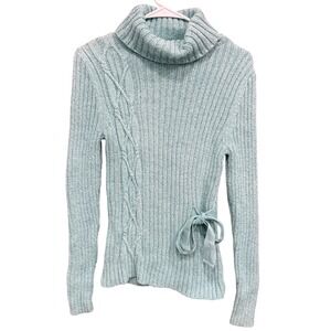 Sundance Cable Knit Turtleneck Sweater Side Tie Detail Blue Green‎ M